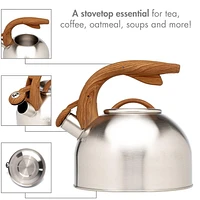 Primula Stainless Steel Whistling Kettle with Wood-Look Soft Touch Handles, Built-In Trigger Spout, Easy to Clean, 2.5 Quart, Whistling Tea Kettle