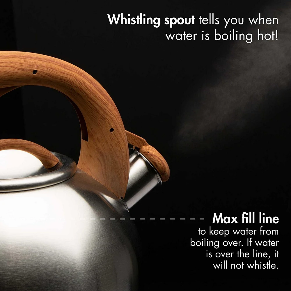 Primula Stainless Steel Whistling Kettle with Wood-Look Soft Touch Handles, Built-In Trigger Spout, Easy to Clean, 2.5 Quart, Whistling Tea Kettle