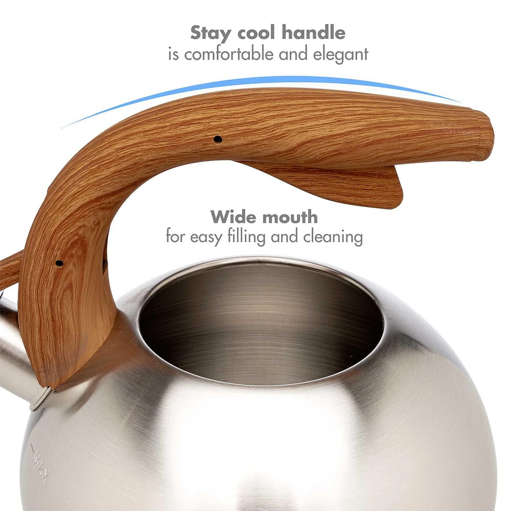 Primula Stainless Steel Whistling Kettle with Wood-Look Soft Touch Handles, Built-In Trigger Spout, Easy to Clean, 2.5 Quart, Whistling Tea Kettle