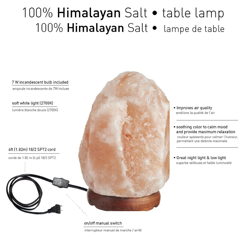 Himalayan Rock Salt Lamp, White Hand-Mined Himalayan Salt with Wood Base, In-Line On/Off Rocker Switch, Bulb Included