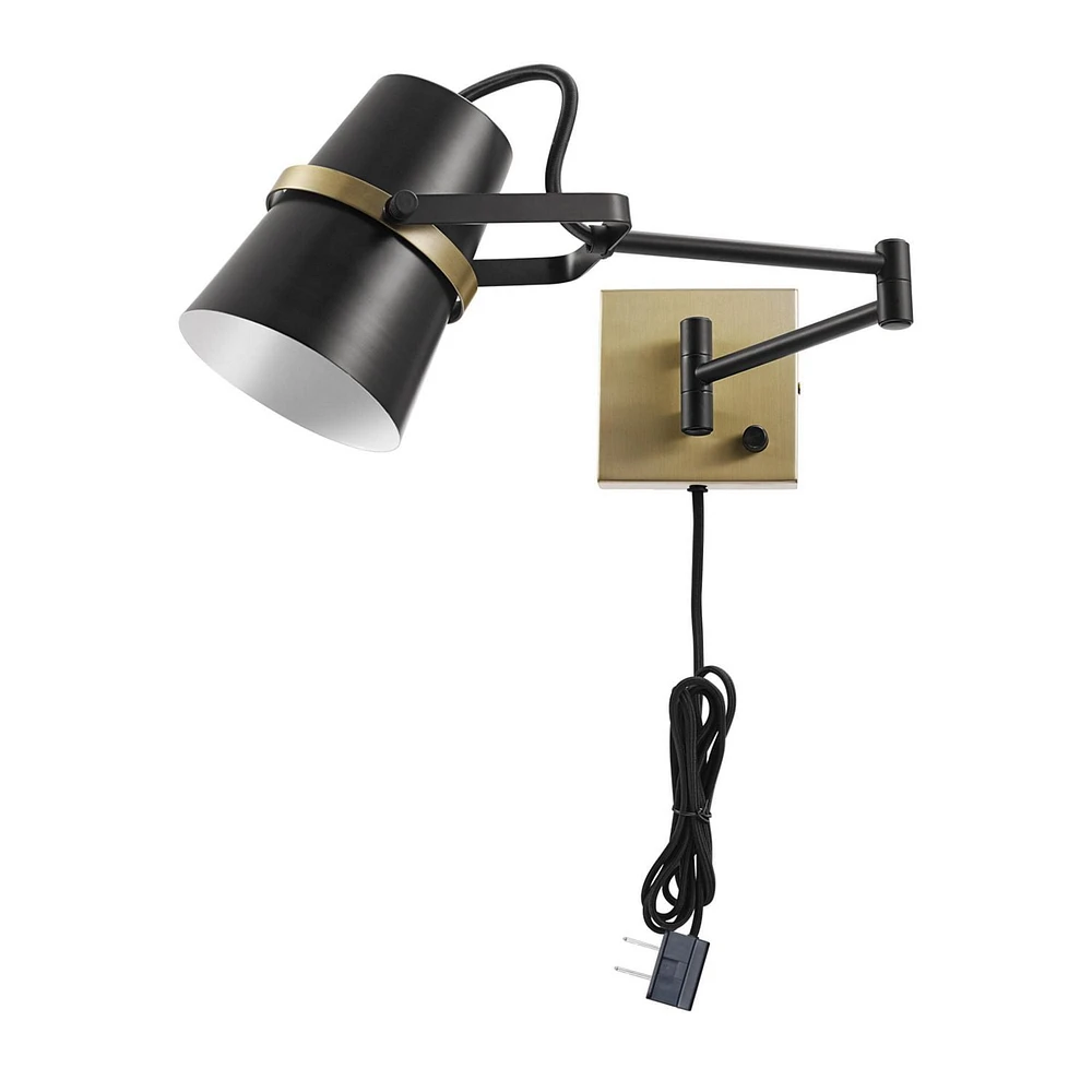 Novogratz x Globe Electric McKibbin 1-Light Plug-In or Hardwire Metal Swing Arm Wall Sconce, Matte Black, Brass Accents, 6ft Black Woven Fabric Cord, Flat Plug, Rotary On/Off Switch, 51345