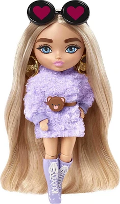 Barbie Extra Minis Doll #4 (5.5 in) Wearing Fluffy Purple Fashion, with Doll Stand & Accessories Including Teddy Ears and Sunglasses, Gift for Kids 3 Years Old & Up​