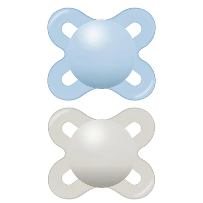 Suces pour nouveau-nés MAM Start Matte, (emballage de deux, 1 boîtier de stérilisation pour suce), suces pour nouveau-né garçon, meilleure suce pour les bébés allaités, boîtier autostérilisant pour suce