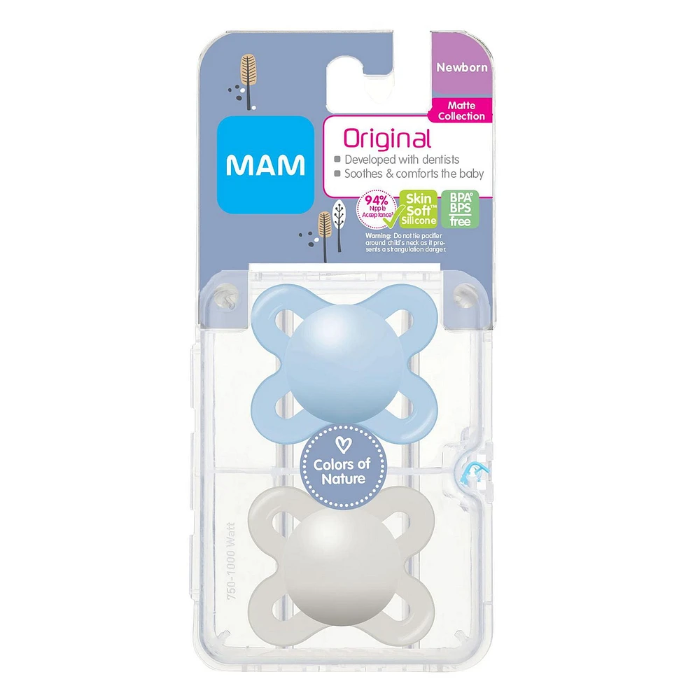 Suces pour nouveau-nés MAM Start Matte, (emballage de deux, 1 boîtier de stérilisation pour suce), suces pour nouveau-né garçon, meilleure suce pour les bébés allaités, boîtier autostérilisant pour suce