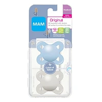 Suces pour nouveau-nés MAM Start Matte, (emballage de deux, 1 boîtier de stérilisation pour suce), suces pour nouveau-né garçon, meilleure suce pour les bébés allaités, boîtier autostérilisant pour suce