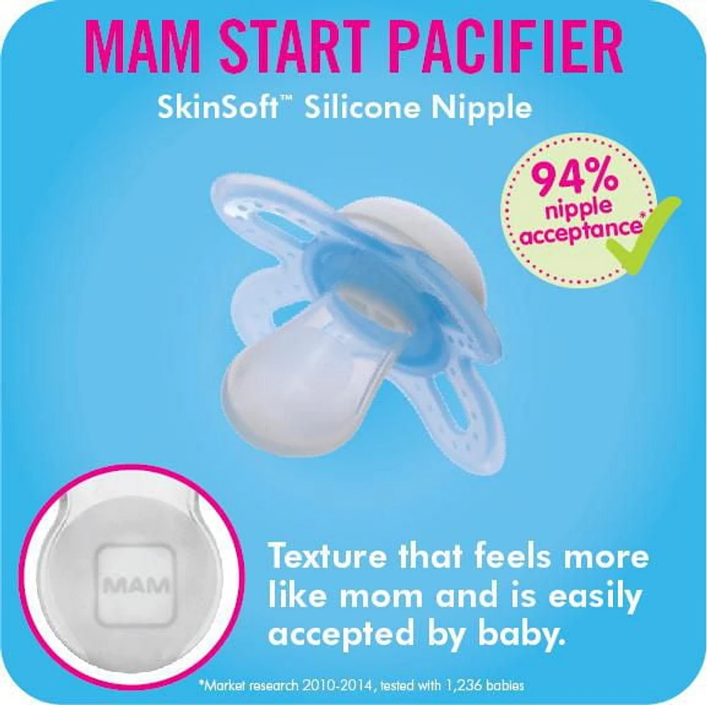 Suces pour nouveau-nés MAM Start Matte, (emballage de deux, 1 boîtier de stérilisation pour suce), suces pour nouveau-né garçon, meilleure suce pour les bébés allaités, boîtier autostérilisant pour suce