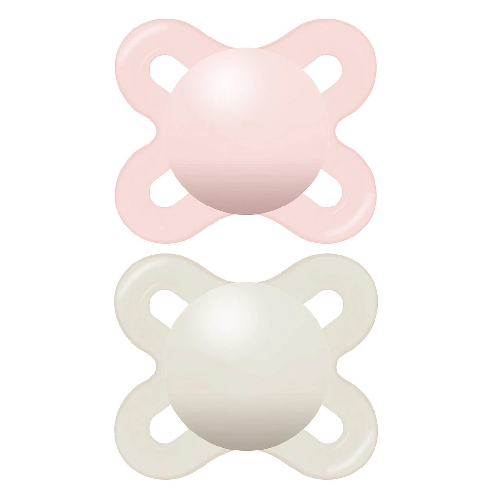 Suces pour nouveau-nés MAM Start Matte, (emballage de deux, 1 boîtier de stérilisation pour suce), sucettes bébé fille, meilleure suce pour les bébés allaités, boîtier autostérilisant pour suce