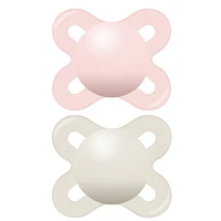 Suces pour nouveau-nés MAM Start Matte, (emballage de deux, 1 boîtier de stérilisation pour suce), sucettes bébé fille, meilleure suce pour les bébés allaités, boîtier autostérilisant pour suce