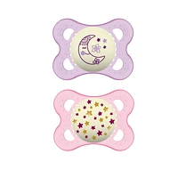 MAM Night Pacifiers (2 Pacifiers & Sterilizing Box), MAM Pacifiers 0-6 Months, Best Pacifier for Breastfed Babies, Assorted, Glow in the Dark Pacifier, MAM Night Pacifier, 0-6 Months, Assorted Colours