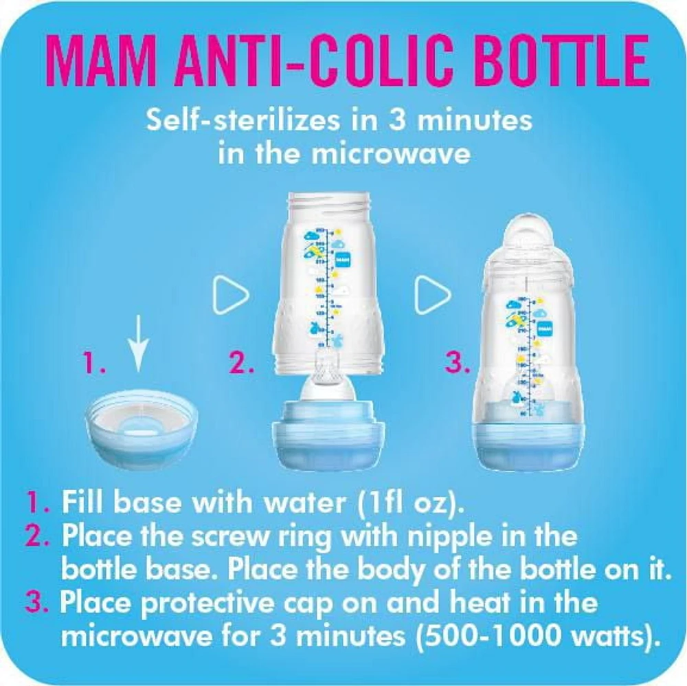 MAM Easy Start Anti-Colic Bottle 9 oz (2-Count), Baby Essentials, Medium Flow Bottles with Silicone Nipple, Baby Bottles for Baby Boy, MAM Easy Start Matte 9oz 2pk Bottle