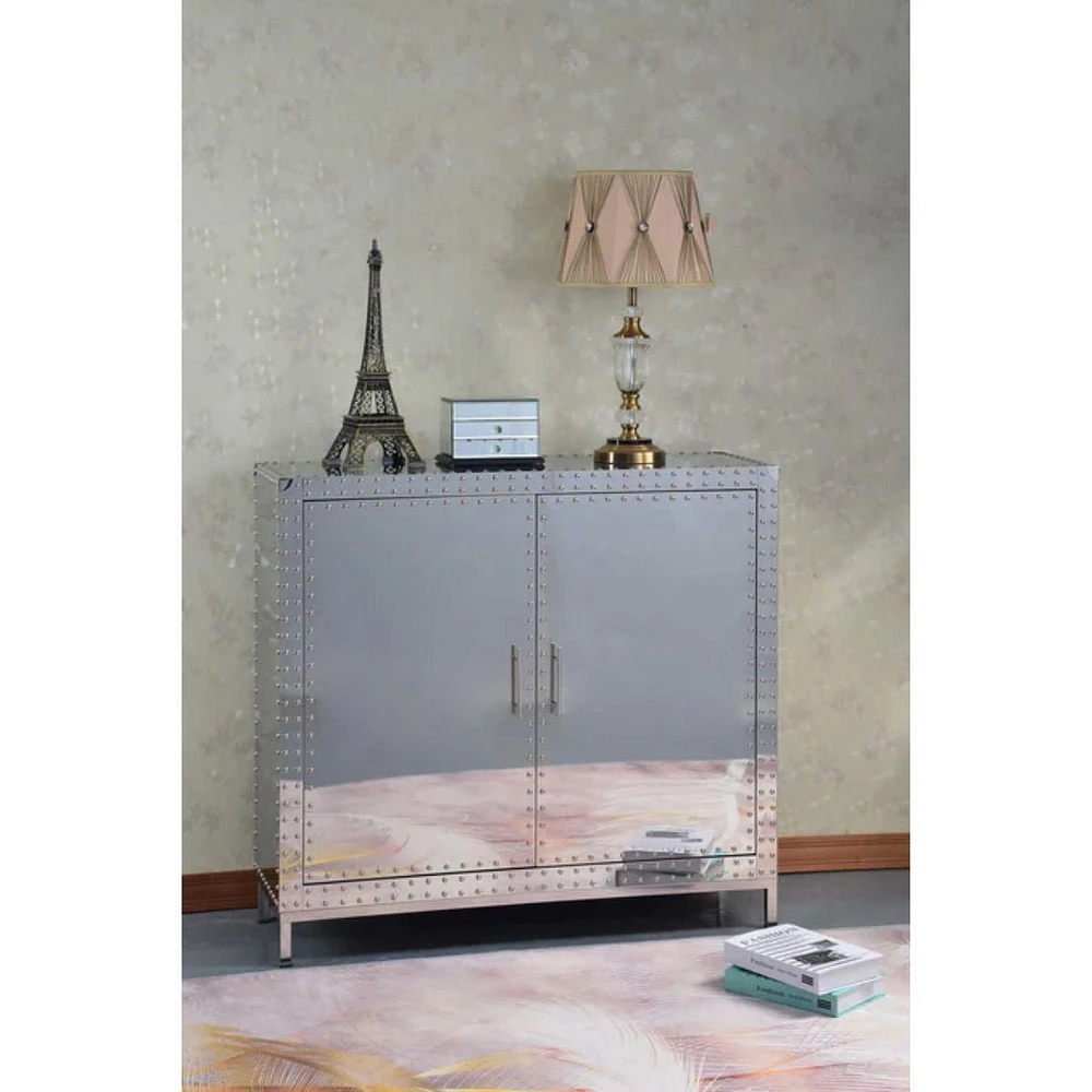 Gojart Cabinet that comes in a stainless steel finish with studs.