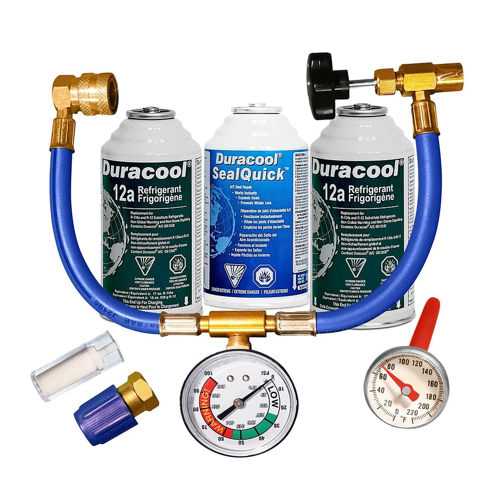 Duracool® Deluxe Recharge and SealQuick Kit for R-134a larger mobile A/C systems. Contains 2 cans 12a Refrigerant, 1 can SealQuick, 134 Charging Hose with Can Tapper, Pressure Gauge & Quick Connect.