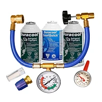 Duracool® Deluxe Recharge and SealQuick Kit for R-134a larger mobile A/C systems. Contains 2 cans 12a Refrigerant, 1 can SealQuick, 134 Charging Hose with Can Tapper, Pressure Gauge & Quick Connect.