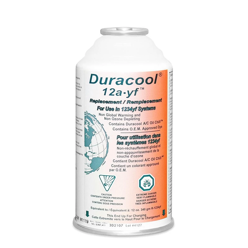 Duracool 12a-yf Deluxe Refrigerant Recharge Kit for 1234yf A/C systems. Contains 2 Cans 1234 Replacement Refrigerant, 1 can 12a- yf SealQuick, 1234 Charging Hose with Gauge & Quick Connect, Vent Thermometer.