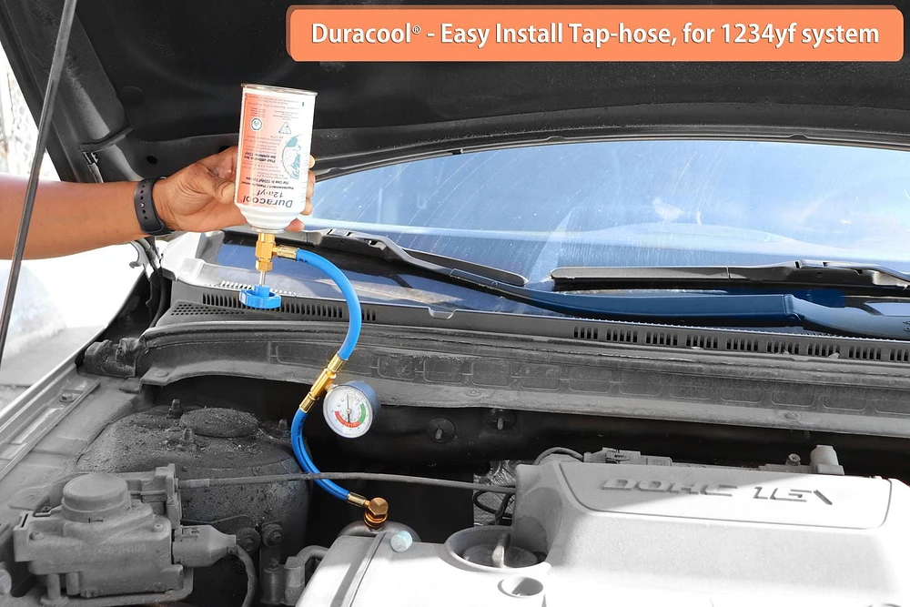 Duracool 12a-yf Deluxe Refrigerant Recharge Kit for 1234yf A/C systems. Contains 2 Cans 1234 Replacement Refrigerant, 1 can 12a- yf SealQuick, 1234 Charging Hose with Gauge & Quick Connect, Vent Thermometer.