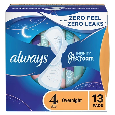 Serviettes Always Infinity FlexFoam pour femmes, de nuit, taille 4, jusqu’à zéro sensation et zéro fuite pendant 12 h, avec ailes, non parfumées 13 serviettes