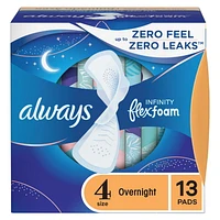 Serviettes Always Infinity FlexFoam pour femmes, de nuit, taille 4, jusqu’à zéro sensation et zéro fuite pendant 12 h, avec ailes, non parfumées 13 serviettes