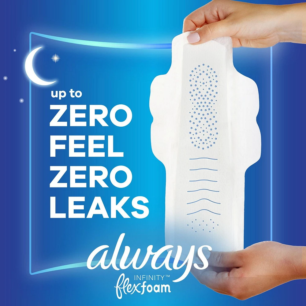 Serviettes Always Infinity FlexFoam pour femmes, de nuit, taille 4, jusqu’à zéro sensation et zéro fuite pendant 12 h, avec ailes, non parfumées 13 serviettes