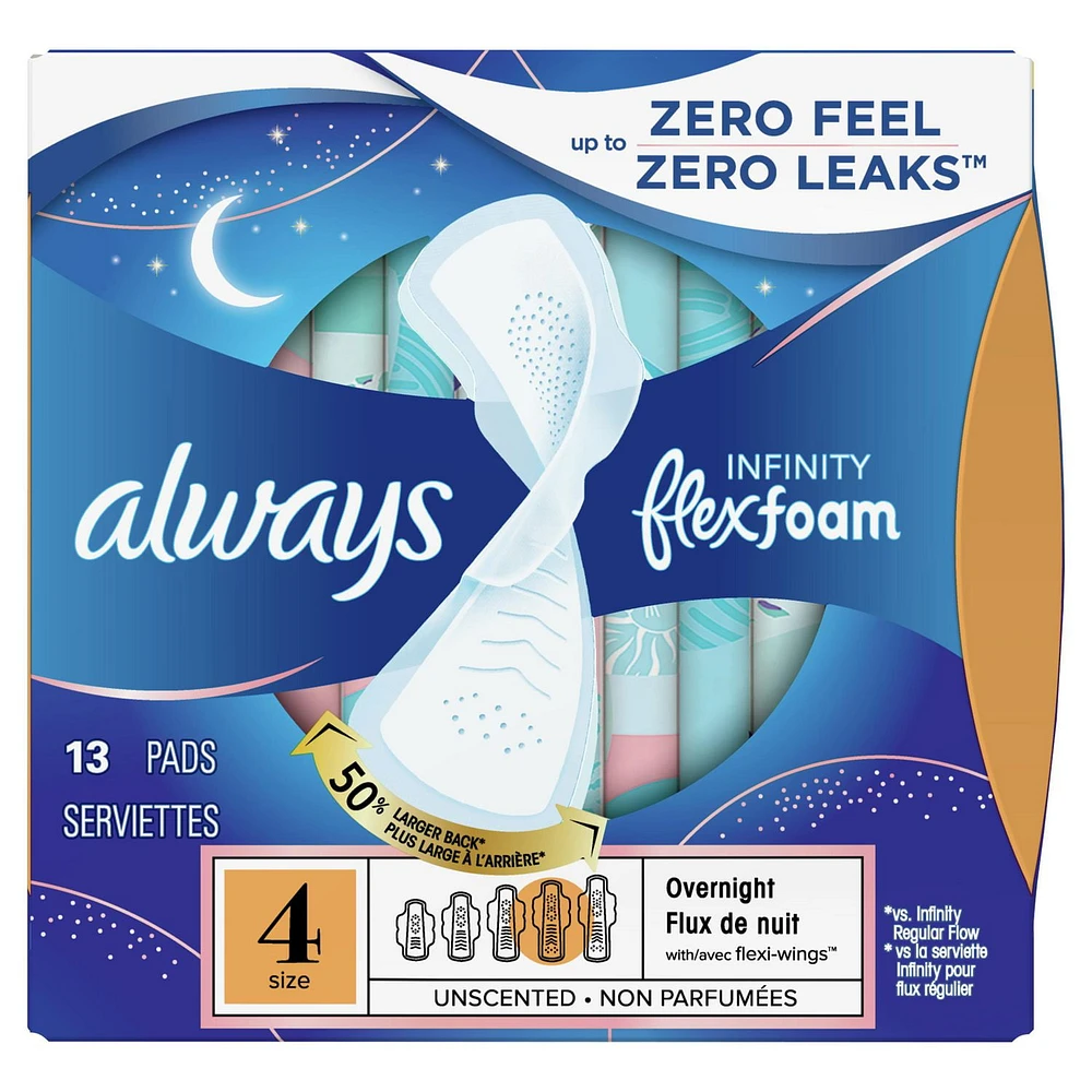 Serviettes Always Infinity FlexFoam pour femmes, de nuit, taille 4, jusqu’à zéro sensation et zéro fuite pendant 12 h, avec ailes, non parfumées 13 serviettes