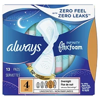 Serviettes Always Infinity FlexFoam pour femmes, de nuit, taille 4, jusqu’à zéro sensation et zéro fuite pendant 12 h, avec ailes, non parfumées 13 serviettes