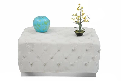 K-LIVING PORTIA TUFTED VELVET OTTOMAN IN BEIGE WITH STAINLESS STEEL CHROME BASE