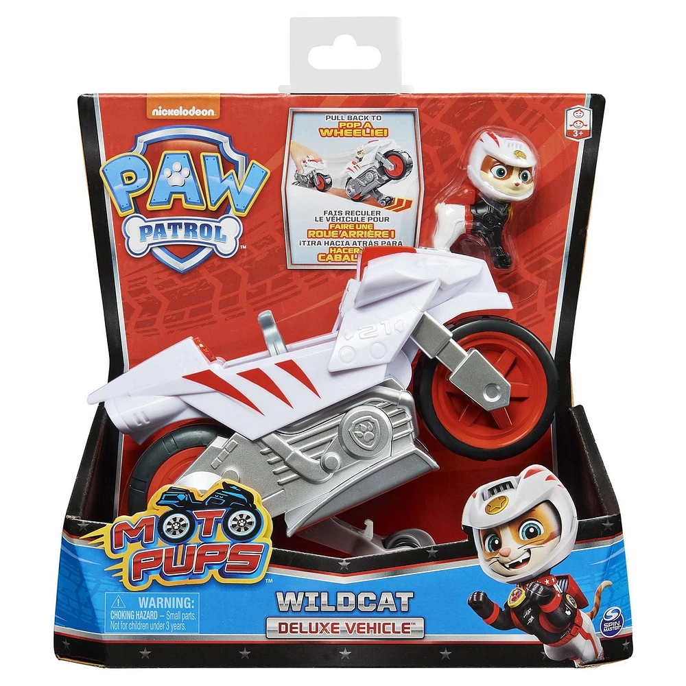 PAW Patrol, Moto Pups Wildcat’s Deluxe Pull Back Motorcycle Vehicle with Wheelie Feature and Figure