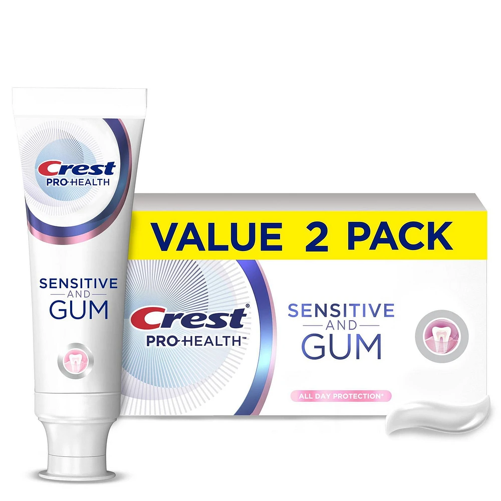 Dentifrice Crest Pro-Santé Dents sensibles et gencives Protection toute la journée, dentifrice au fluorure antibactérien et contre la carie, éprouvé en clinique, dentifrice pour dents sensibles, 2X110mL 220ML