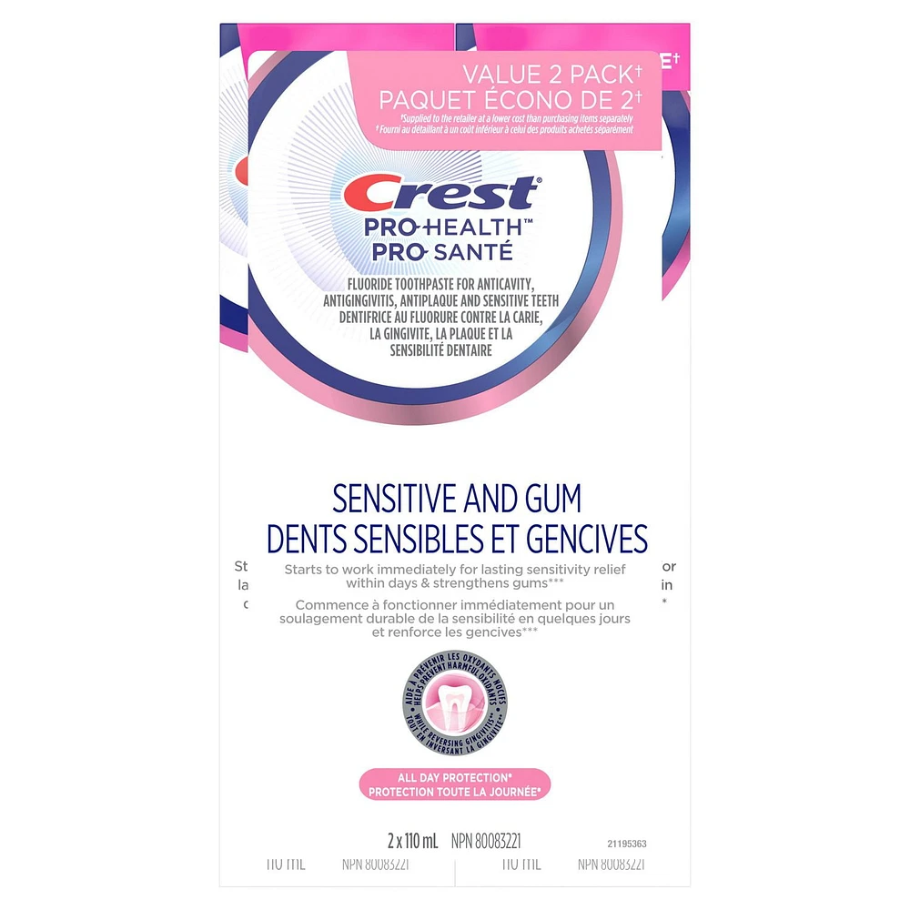 Dentifrice Crest Pro-Santé Dents sensibles et gencives Protection toute la journée, dentifrice au fluorure antibactérien et contre la carie, éprouvé en clinique, dentifrice pour dents sensibles, 2X110mL 220ML