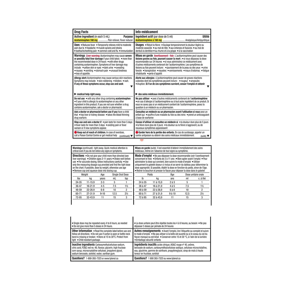 Tylenol Médicament pour enfants 2-11 ans; soulage fièvre et douleur, suspension orale d’acétaminophène à 160 mg/5 ml, banane et fraise 100 ml