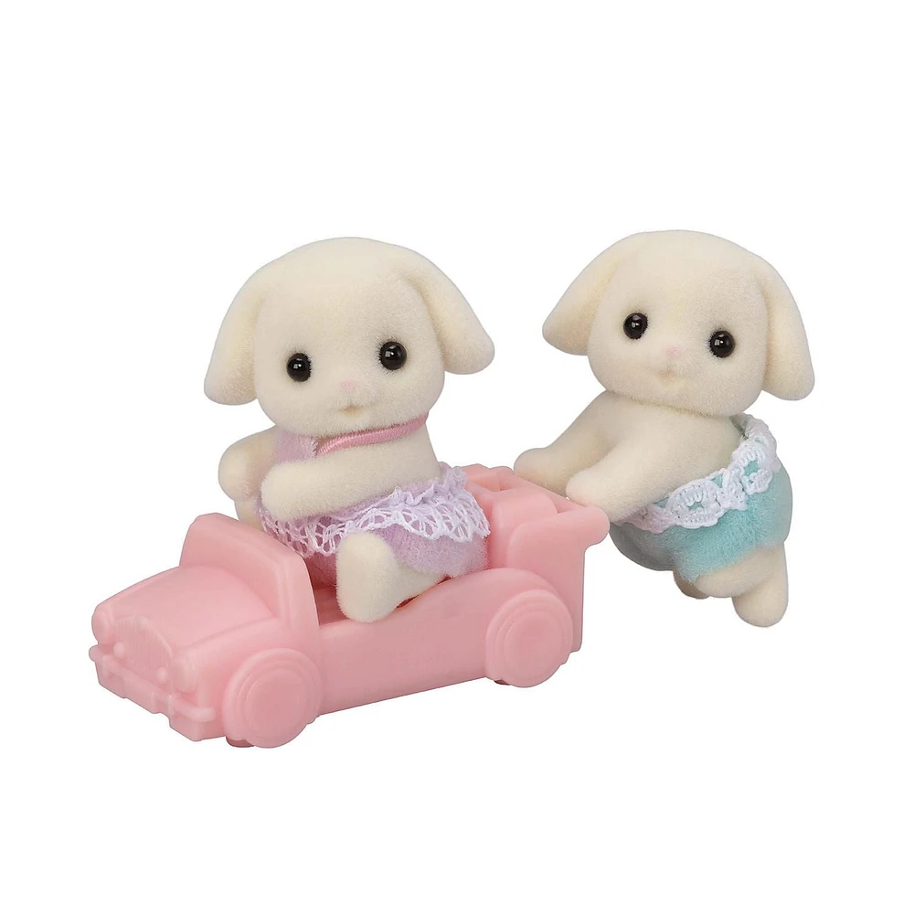 Calico Critters Flora Rabbit Twins, Set of 2 Collectible Doll Figures with Pushcart Accessory