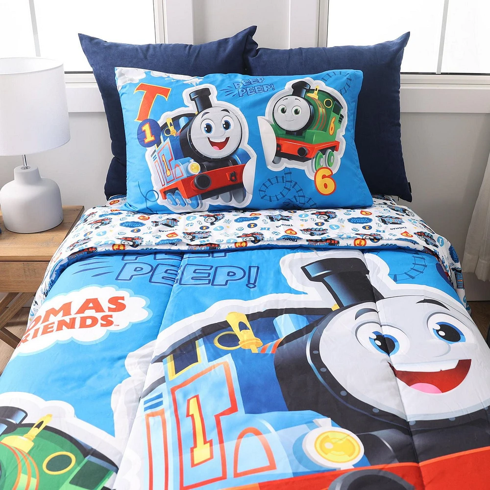 4 Piece Twin Bedding Set, Thomas the Tank, Includes Soft Reversible Comforter, Fitted Sheet, Flat Sheet, Pillowcase