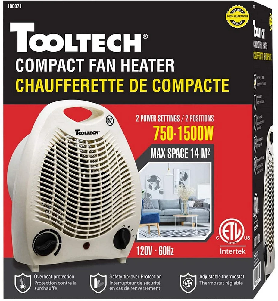 Tooltech® 750-1500-Watt Compact Fan Heater with Adjustable Thermostat