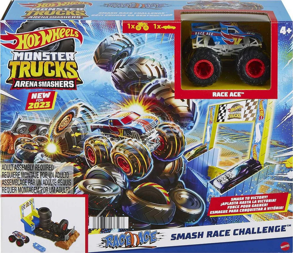 Hot Wheels Monster Trucks Arena Smashers Race Ace Smash Race Challenge Playset with 1 Vehicle