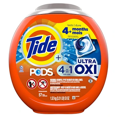 Tide 4-n-1 Ultra Oxi PODS Laundry Detergent Pacs, HE Compatible, Built in Pre-treater for Stains, 57CT