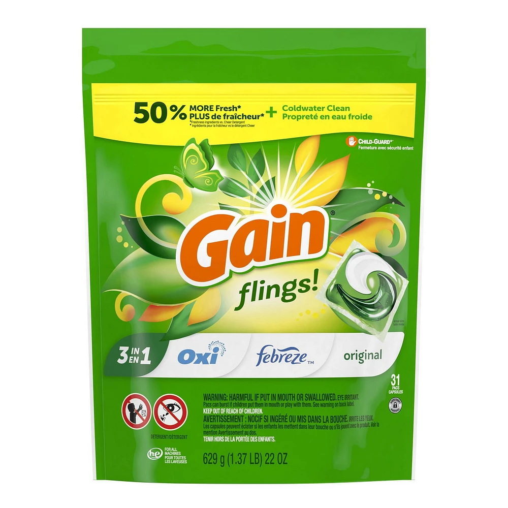 Gain flings Laundry Detergent Soap Pacs, HE Compatible, Long Lasting Scent, Original Scent, 31CT