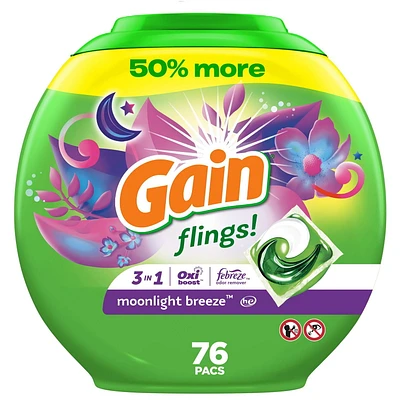 Gain flings Laundry Detergent Soap Pacs, HE Compatible, Long Lasting Scent, Moonlight Breeze, 76CT