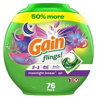 Gain flings Laundry Detergent Soap Pacs, HE Compatible, Long Lasting Scent, Moonlight Breeze, 76CT