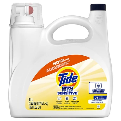 Tide Simply Liquid Laundry Detergent, Free & Sensitive, 3.1L