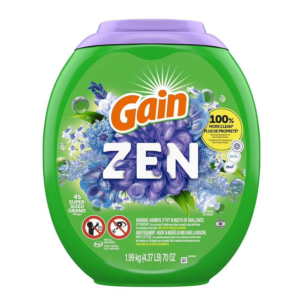 Gain Super Sized Flings Laundry Detergent Pacs, Zen, 3-in-1 Detergent Pacs with Febreze and Oxi, 45CT