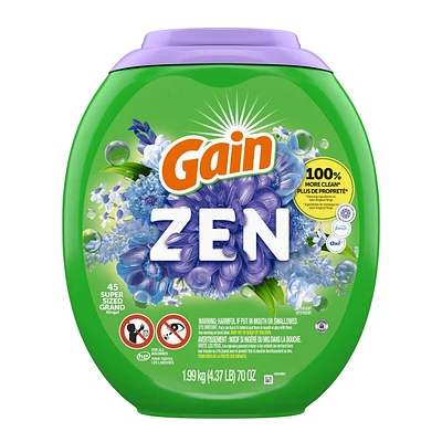 Gain Super Sized Flings Laundry Detergent Pacs, Zen, 3-in-1 Detergent Pacs with Febreze and Oxi, 45CT