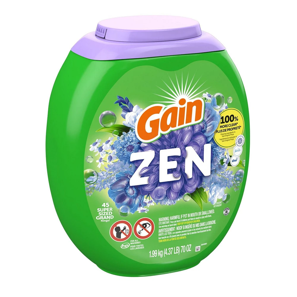 Capsules de détergent à lessive Gain Flings grande taille, 3 en 1 avec Febreze et Oxi, parfum Zen 45CT