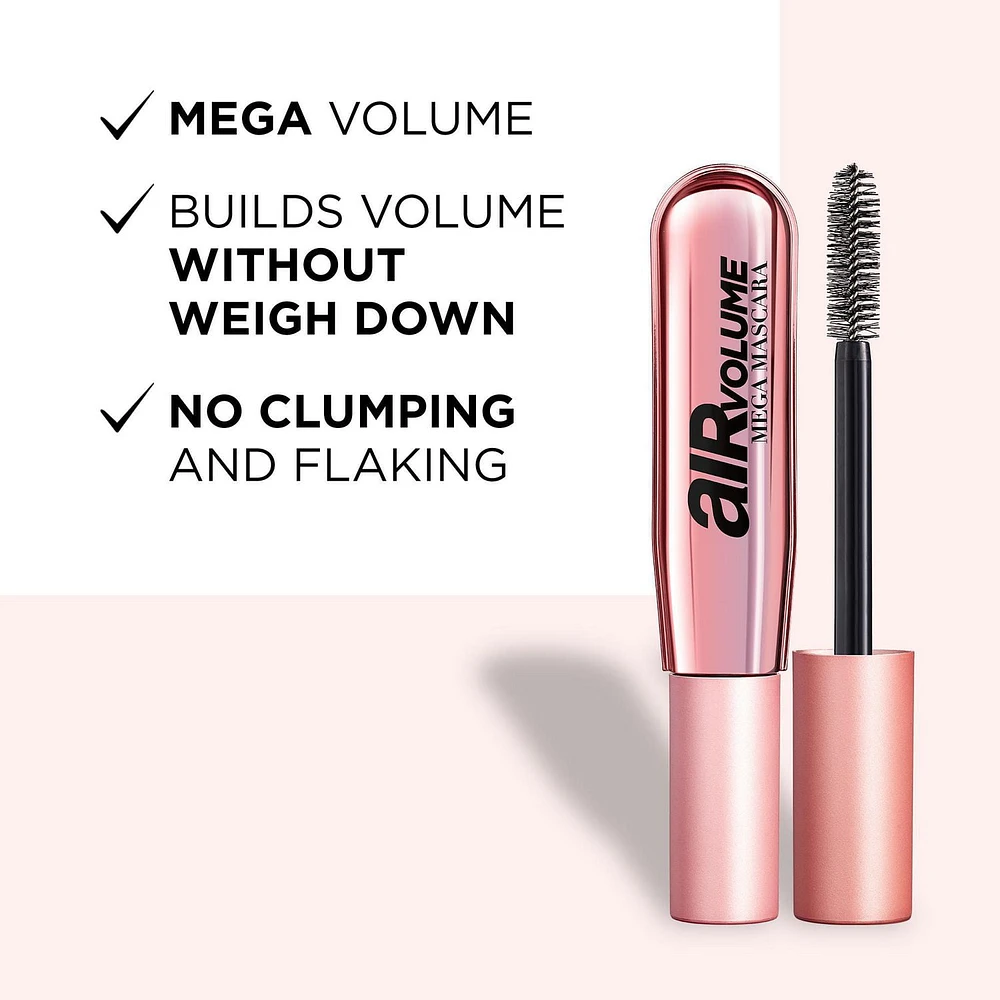 L'Oréal Paris Air Volume Mega Mascara, Volume Without Lash Weighdown, Washable Blackest Black, Volume Without Weighdown