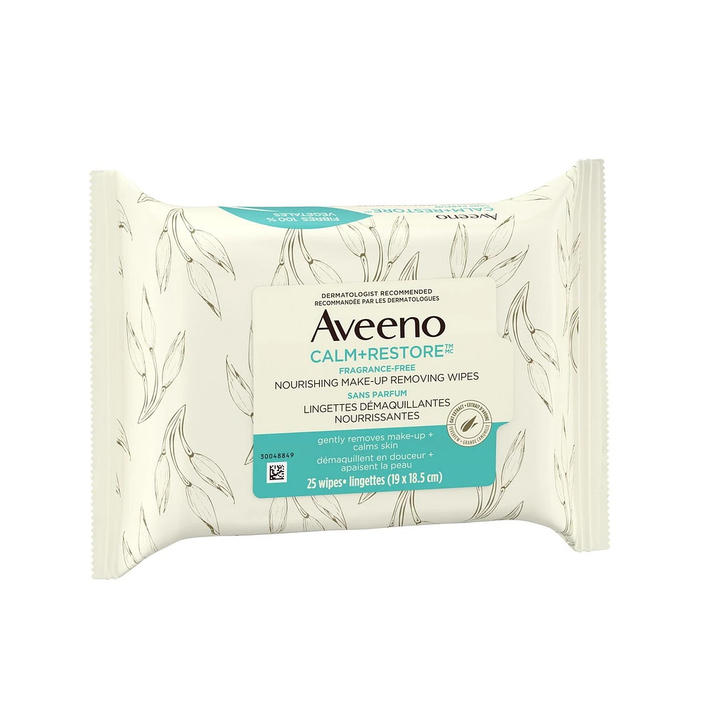 Aveeno Calm + Restore Nourishing Make-Up Removing Wipes - Eye Makeup Remover, Sensitive Skin Care - Frangrance Free, 25 Count