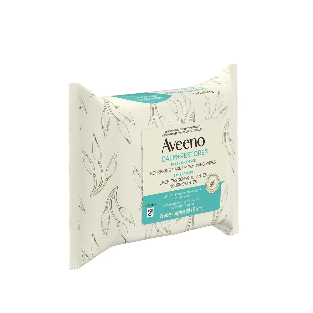 Aveeno Calm + Restore Nourishing Make-Up Removing Wipes - Eye Makeup Remover, Sensitive Skin Care - Frangrance Free, 25 Count