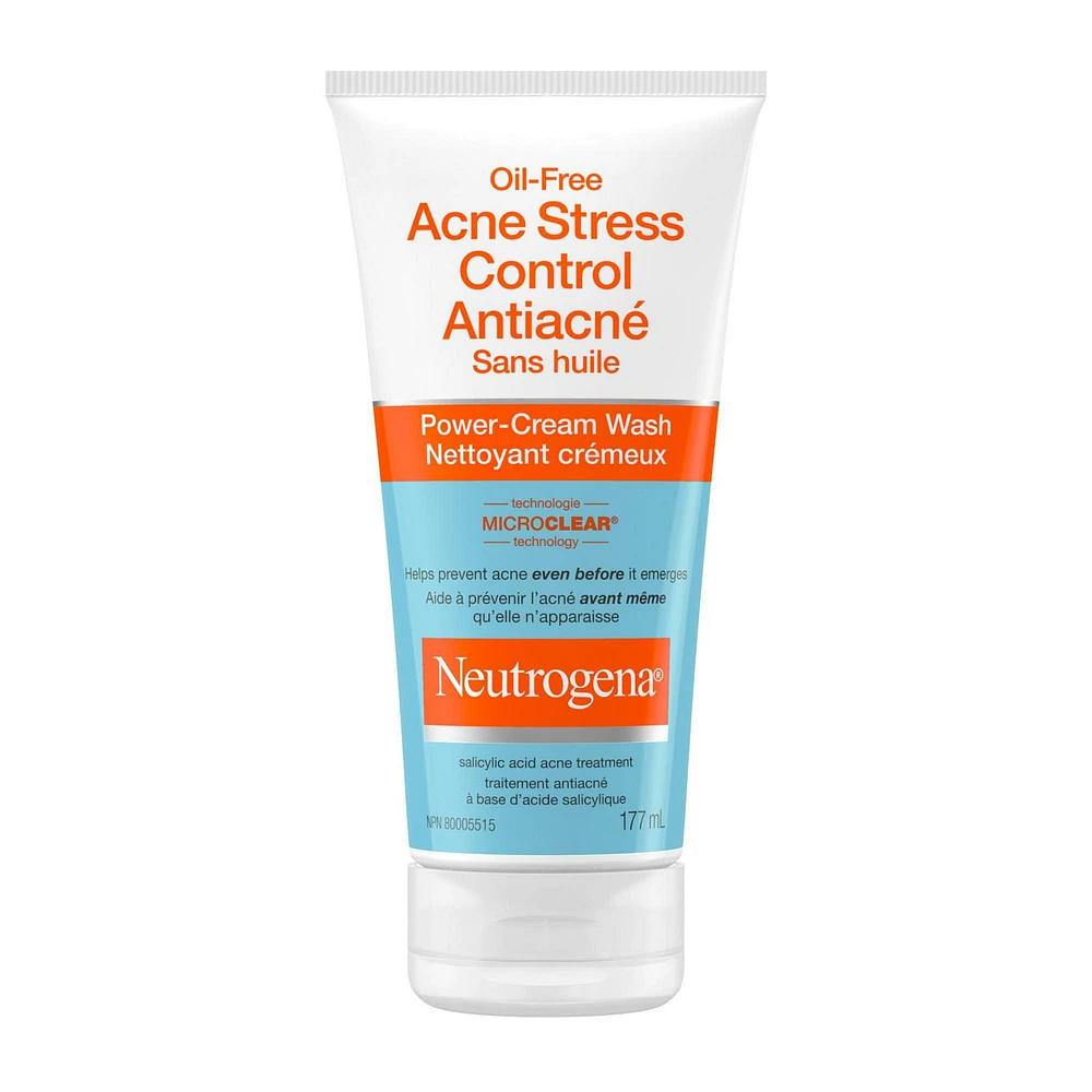 Neutrogena Oil-Free Acne Stress Control Power-Cream Wash, Green Tea, Cucumber, Acne Treatment, Soft Skin, Clear Skin, 177 mL
