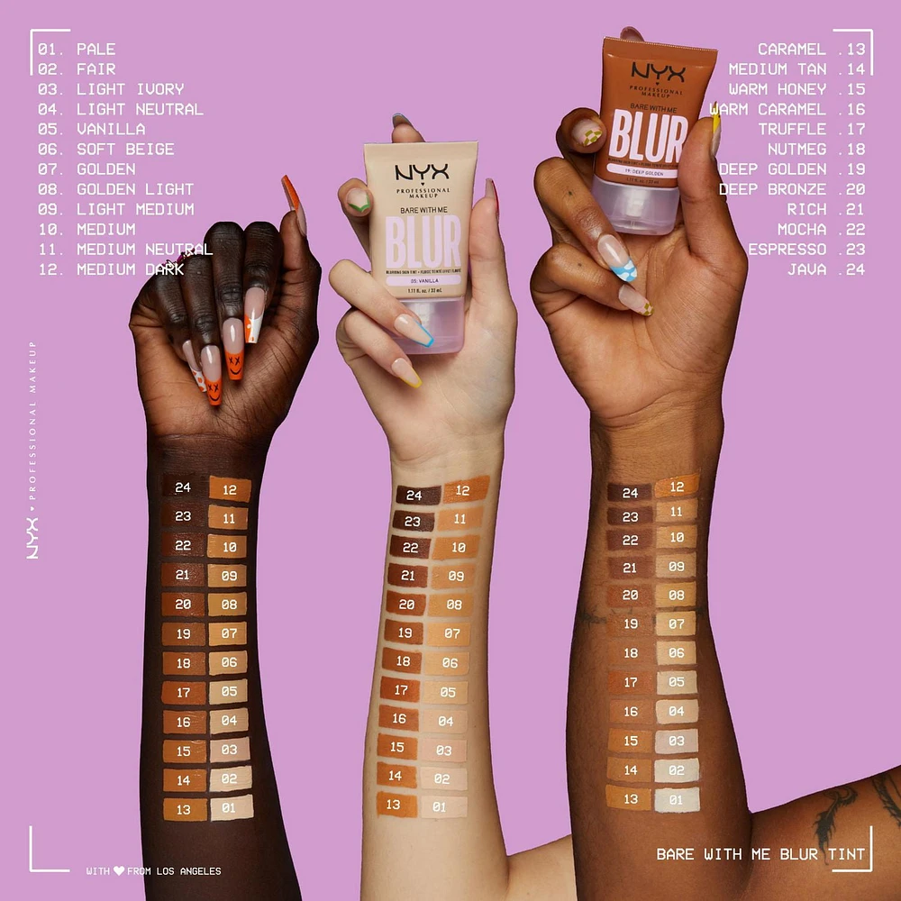 NYX PROFESSIONAL MAKEUP, Bare With Me, Fond de teint nuancé, Couvrance moyenne modulable, Hydratation 12hres, Fini mat léger - 03 LIGHT IVORY Fond de teint estompé