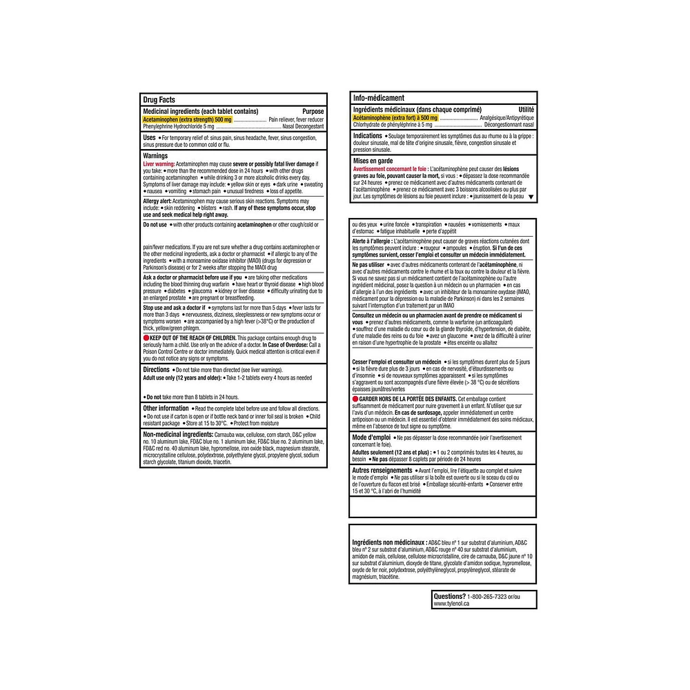 Tylenol Extra fort, Sinus, Jour, soulage la congestion des sinus et autres symptômes sinusaux 40 comprimés