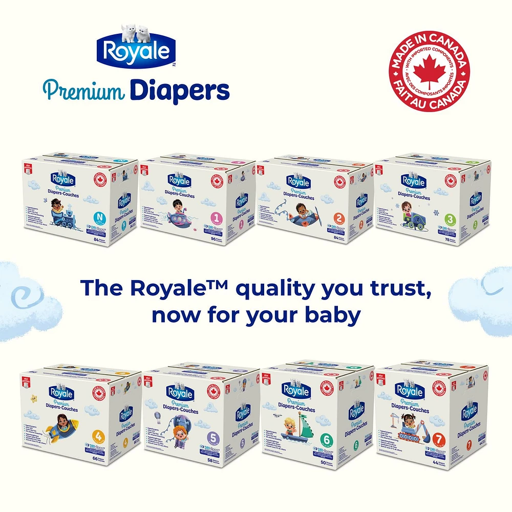 Royale Premium Diapers, Super Pack, Disposable Baby Diapers, Size Newborn - 7, 84-44 Count