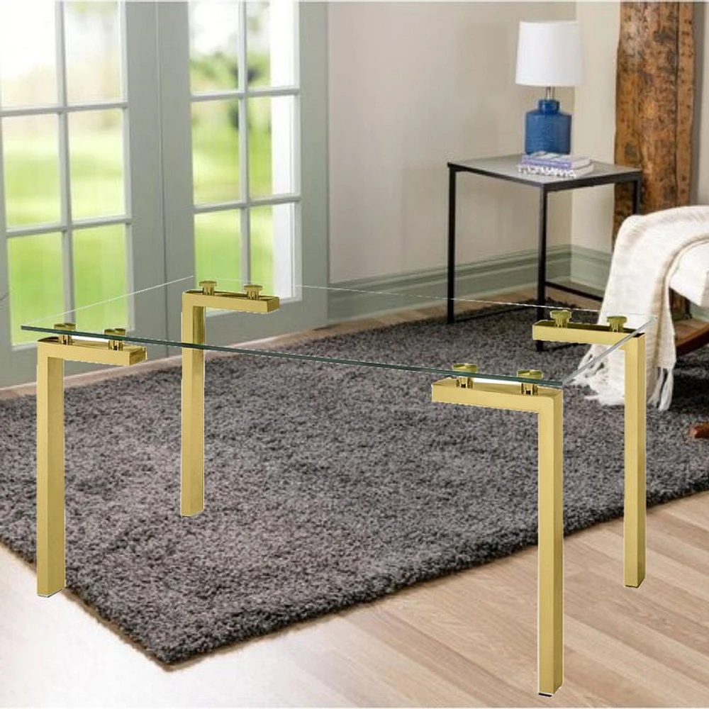 Emma Dining Table in Gold, Rectangular Dining Table, Glass Dining Table, Stainless Steel Dining Table, Clear Glass Dining Table, Modern Rectangle Dining Table, Kitchen Dining Table with Tempered Glass 60"