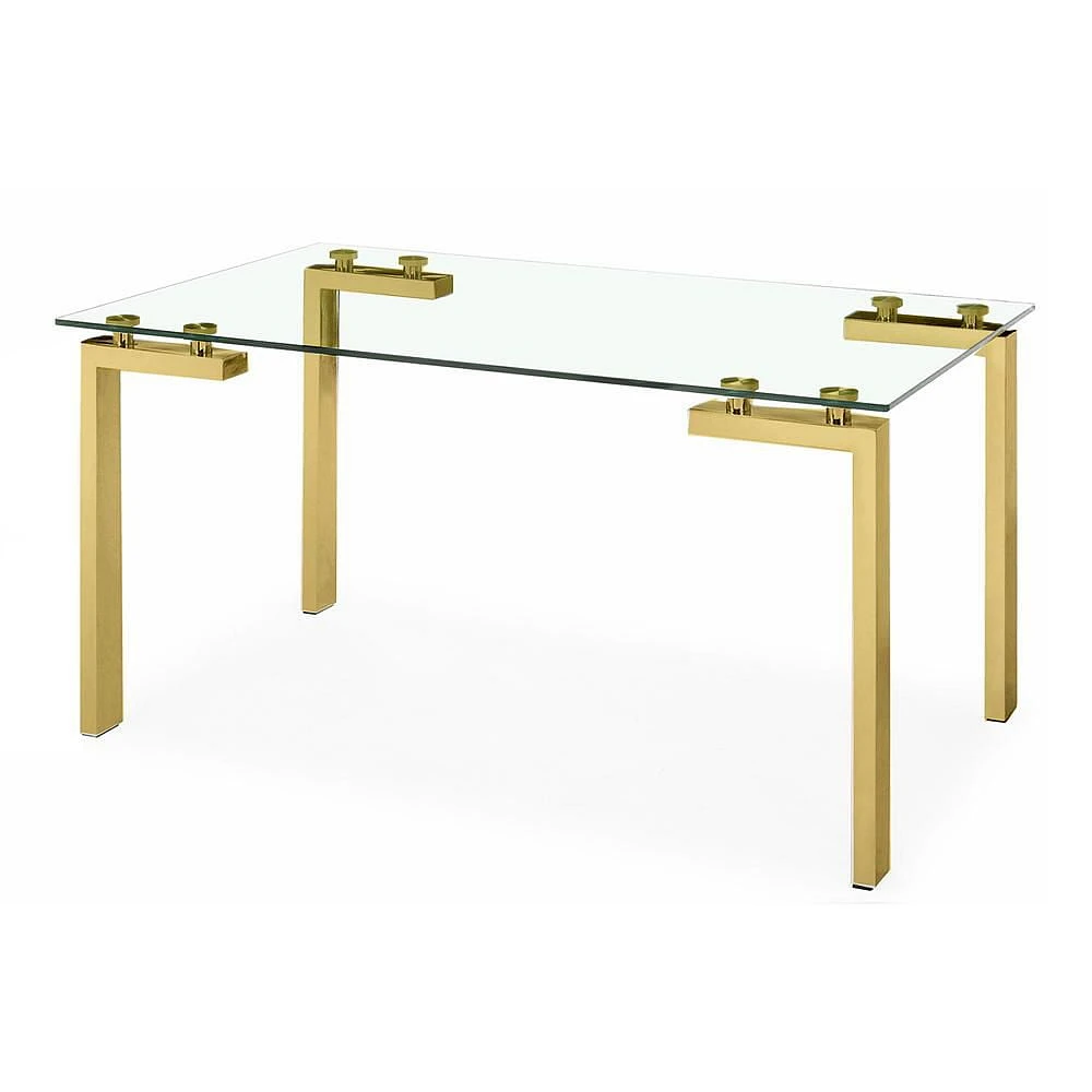 Emma Dining Table in Gold, Rectangular Dining Table, Glass Dining Table, Stainless Steel Dining Table, Clear Glass Dining Table, Modern Rectangle Dining Table, Kitchen Dining Table with Tempered Glass 60"